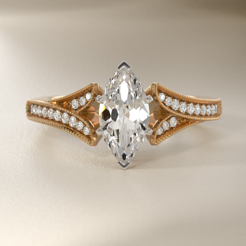 Milgrain and Pavé V-Shank Diamond Engagement Ring in 14K Yellow Gold (1/8 ct. wt.)