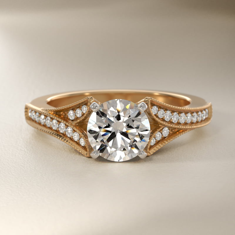 Milgrain and Pavé V-Shank Diamond Engagement Ring in 14K Yellow Gold (1/8 ct. wt.)