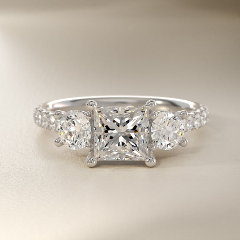 Modern Trellis Three Stone Lab-Grown Diamond Engagement in 18k White Gold
