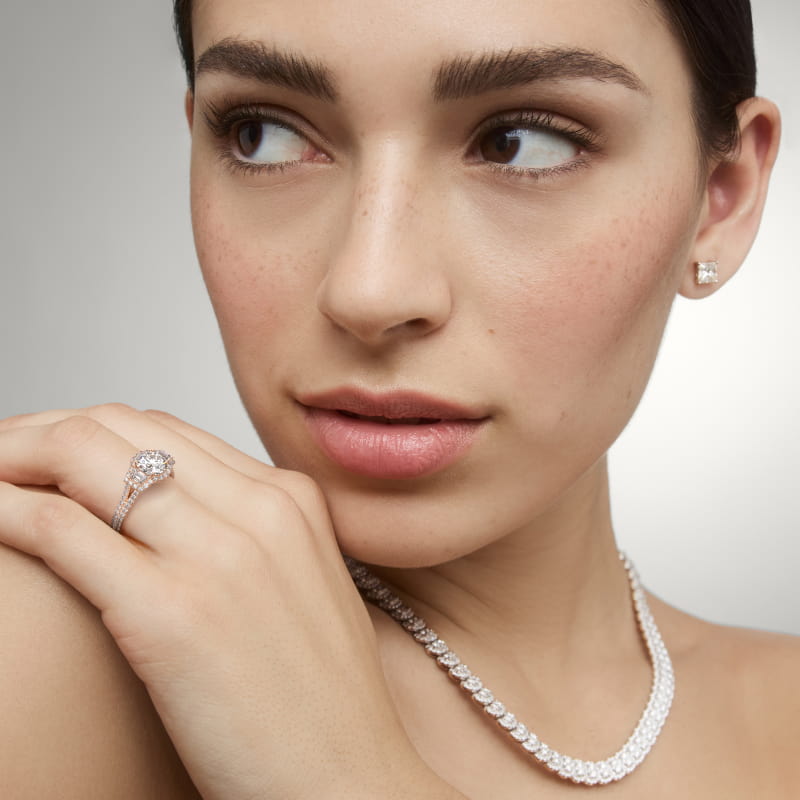 The Gallery Collection™ Emerald Three Stone Halo Diamond Engagement Ring in 14k Rose Gold (1.50 ct. tw.)