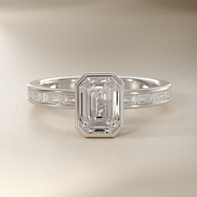 Bezel Engagement Ring with Channel Set Diamond Accent in 14K White Gold