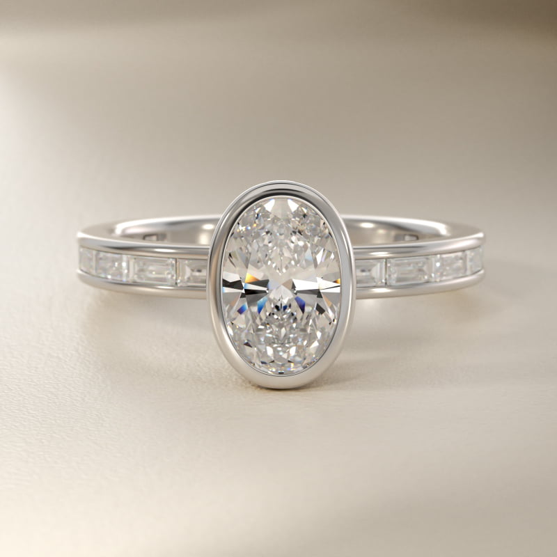 Bezel Engagement Ring with Channel Set Diamond Accent in 14K White Gold