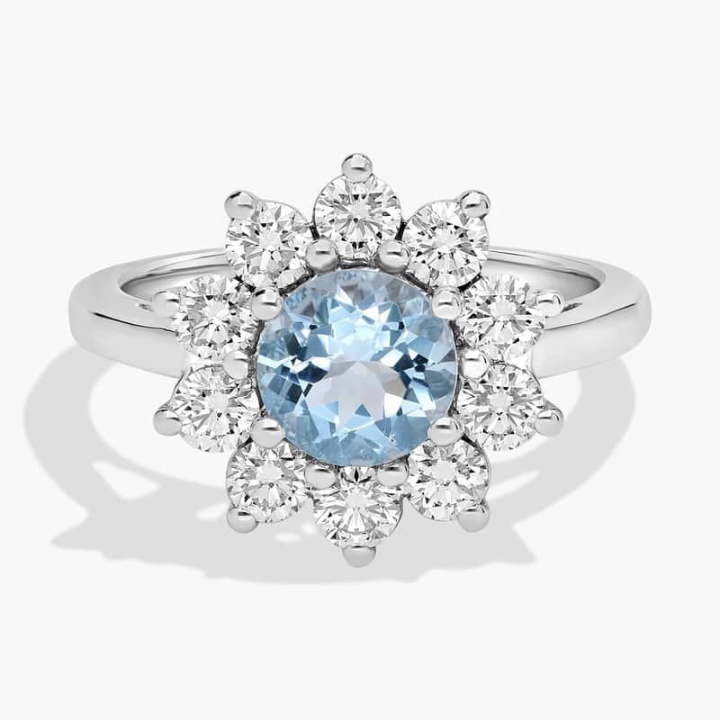 Round Aquamarine and Diamond Halo Ring in 14k White Gold