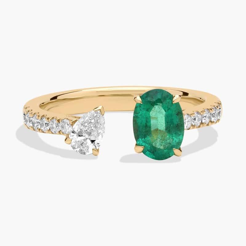 Emerald and Diamond Pavé Two Stone Toi Et Moi Ring in 18K Yellow Gold