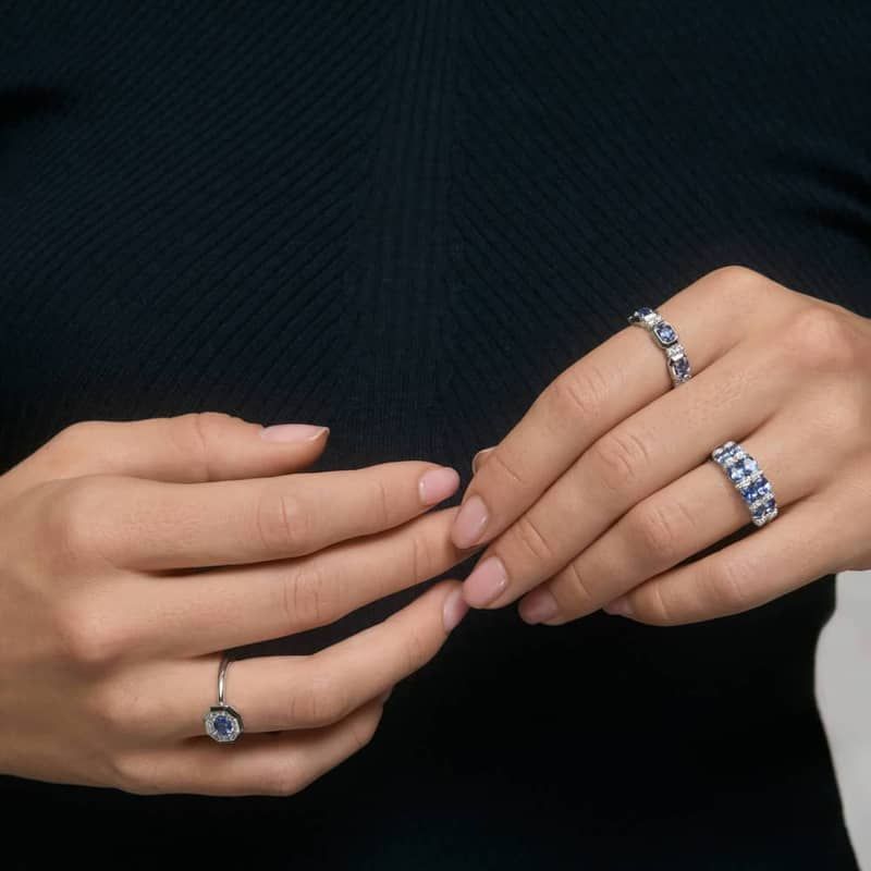 East-West Oval Cut Blue Sapphire Ring With Diamond Accent In 14K White Gold