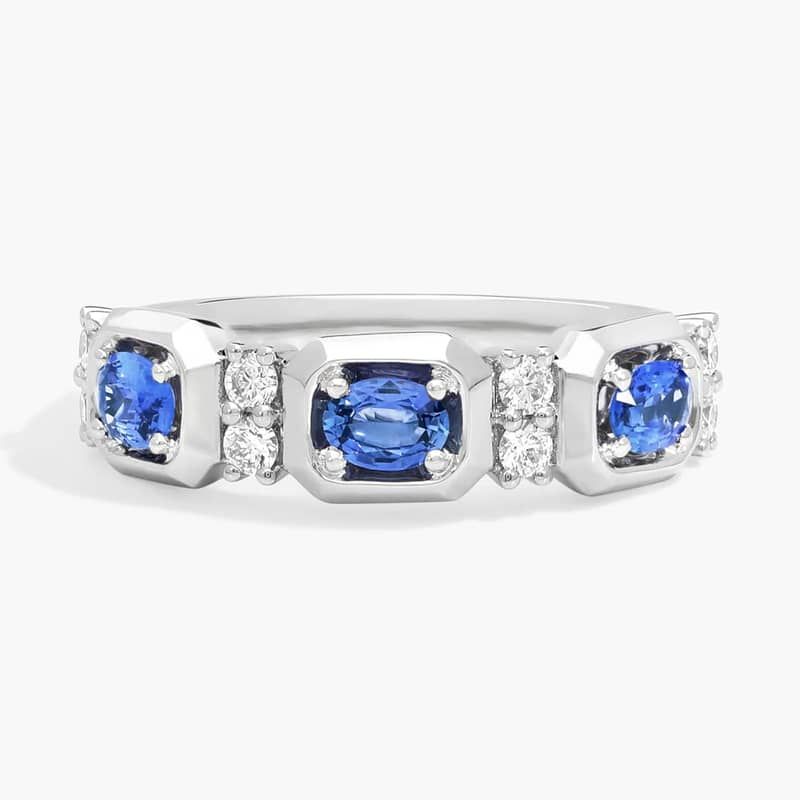 East-West Oval Cut Blue Sapphire Ring With Diamond Accent In 14K White Gold